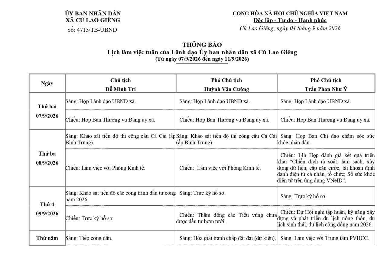 lịch làm việc