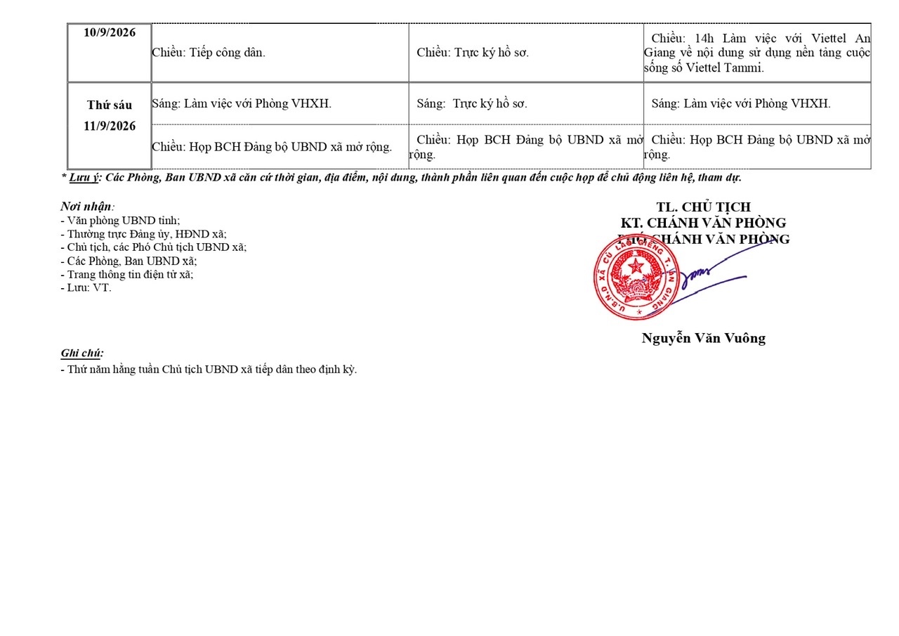 lịch làm việc